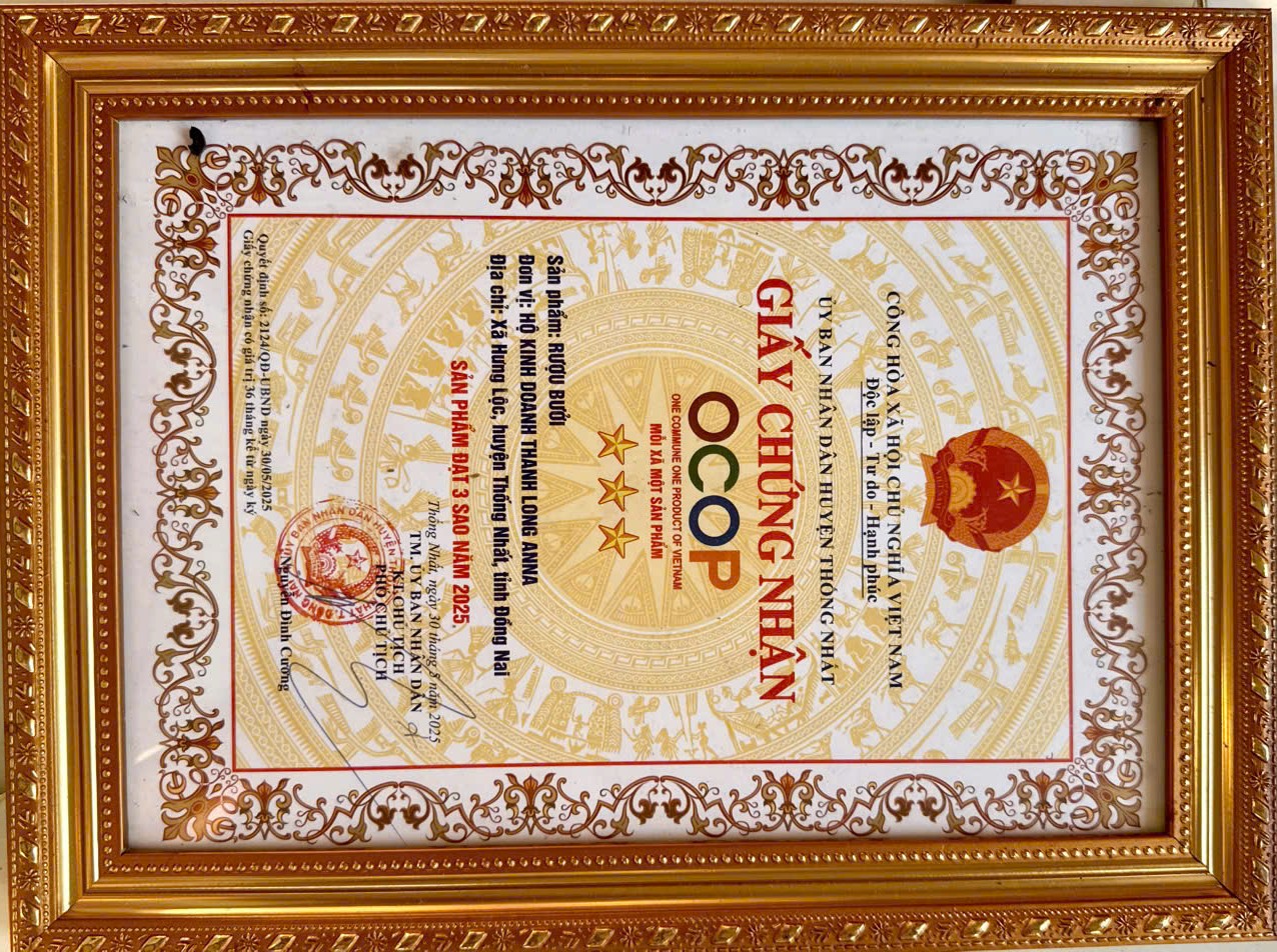 Giấy chứng nhận OCOP 3 sao Rượu Bưởi Thanh Long Anna